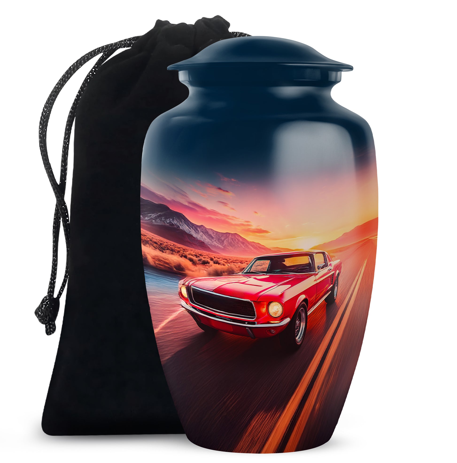 Indigo Car Cremation Urn angled view of lid and engraved motif - classic sculpted car pattern on smooth aluminum - full-size 10 inch 200 cubic inch adult cremation urn