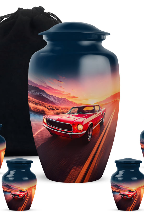 Dusty Blue Car Cremation Urn top-down view of secure threaded lid - timeless car motif etched into premium metal - memorial set with one large and four small urns