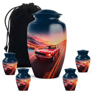 Dusty Blue Car Cremation Urn top-down view of secure threaded lid - timeless car motif etched into premium metal - memorial set with one large and four small urns