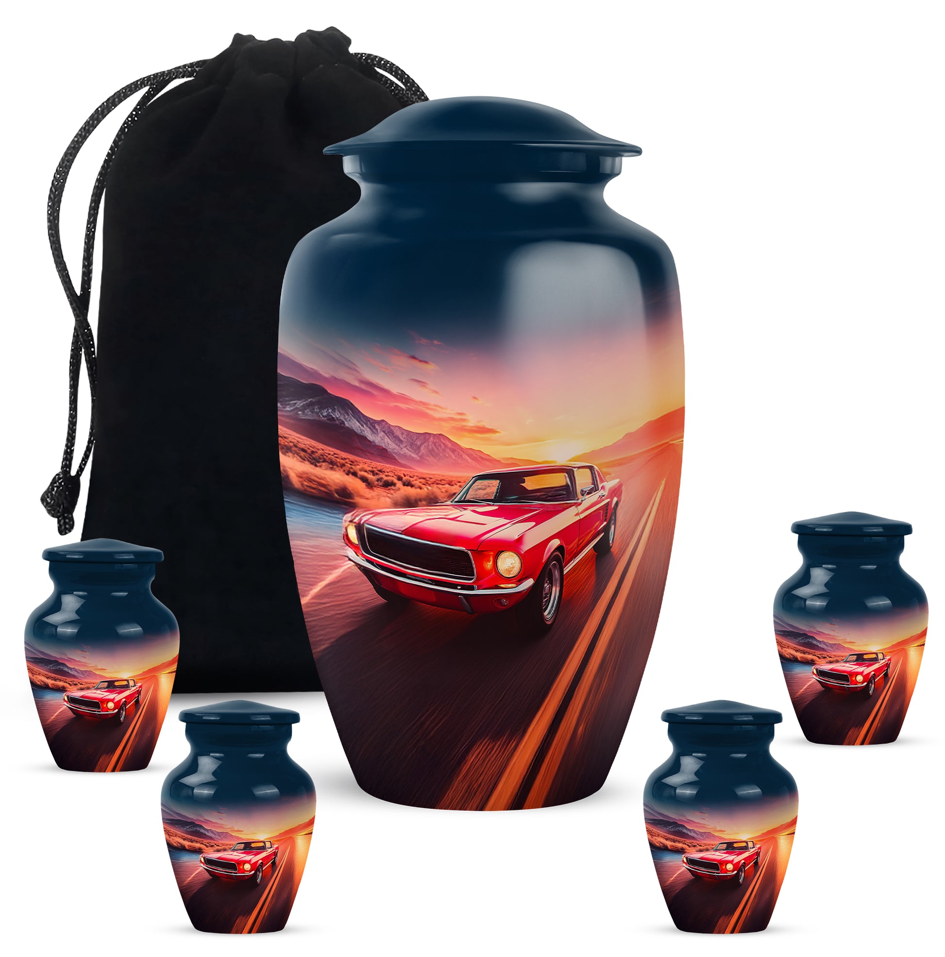 Dusty Blue Car Cremation Urn top-down view of secure threaded lid - timeless car motif etched into premium metal - memorial set with one large and four small urns