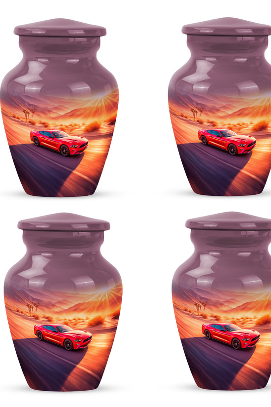 Petal Pink Car Cremation Urn side profile showing urn shape - elegant classic car relief with fine detailing - 10 inch aluminum urn for cremated remains