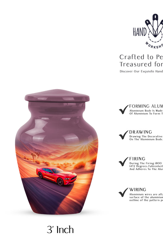 Dusty Pink Car Cremation Urn close-up of engraving and surface detail - traditional car engraving with hand-polished finish - mini keepsake memorial for portion of cremation ashes