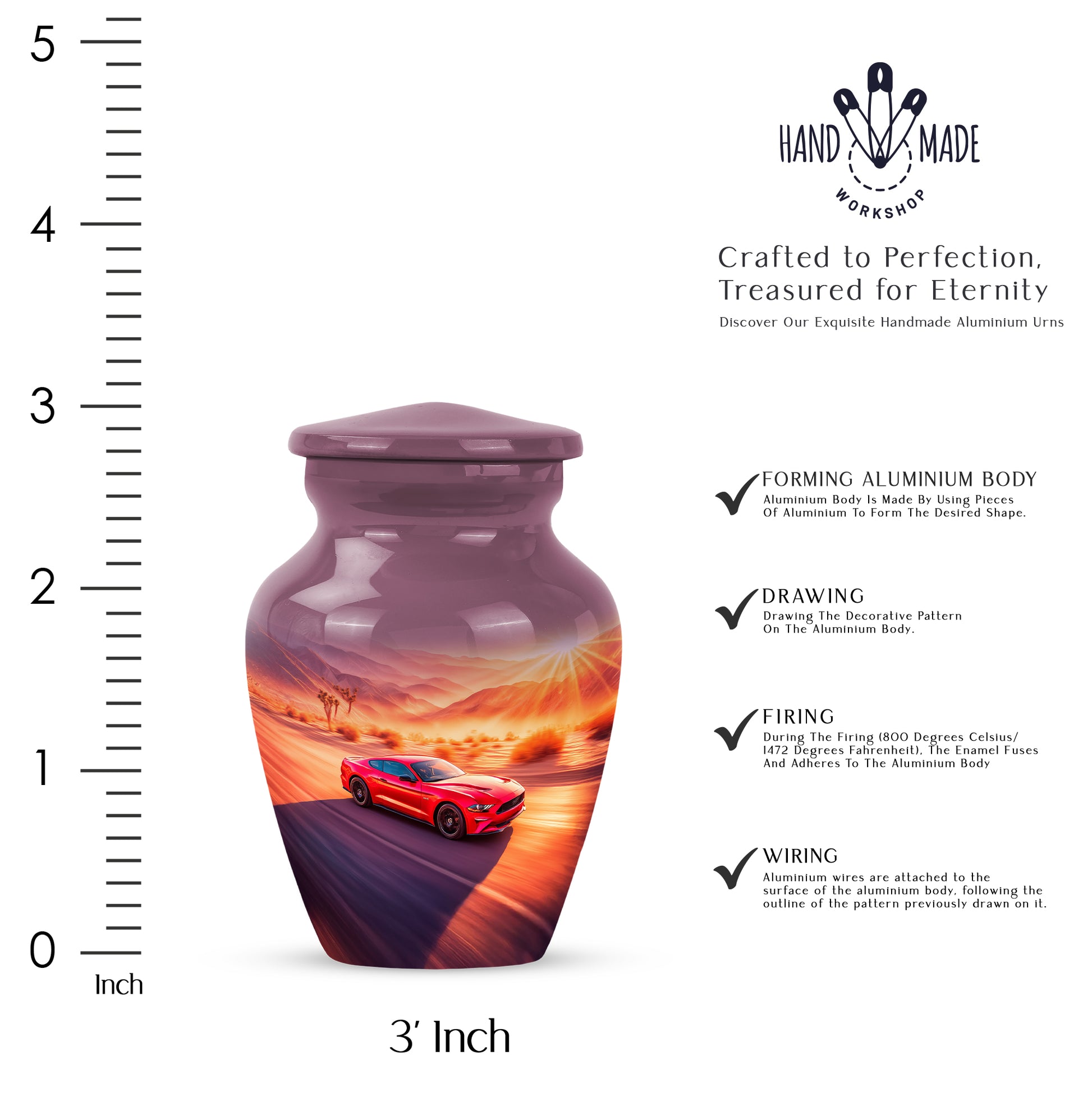 Dusty Pink Car Cremation Urn close-up of engraving and surface detail - traditional car engraving with hand-polished finish - mini keepsake memorial for portion of cremation ashes