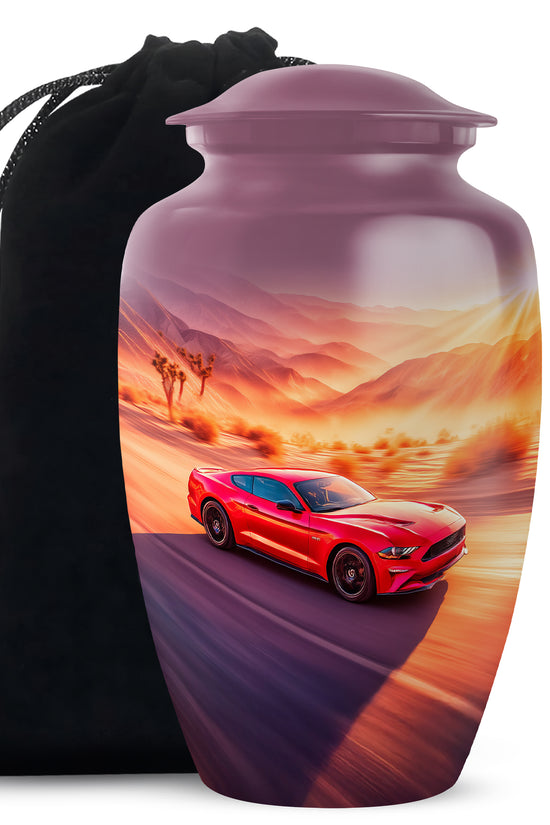 Coral Pink Car Cremation Urn angled view of lid and engraved motif - classic sculpted car pattern on smooth aluminum - full-size 10 inch 200 cubic inch adult cremation urn