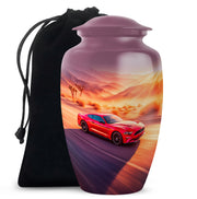 Coral Pink Car Cremation Urn angled view of lid and engraved motif - classic sculpted car pattern on smooth aluminum - full-size 10 inch 200 cubic inch adult cremation urn