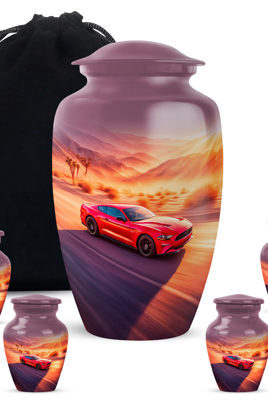 Salmon Pink Car Cremation Urn top-down view of secure threaded lid - traditional car engraving with hand-polished finish - memorial set with one large and four small urns