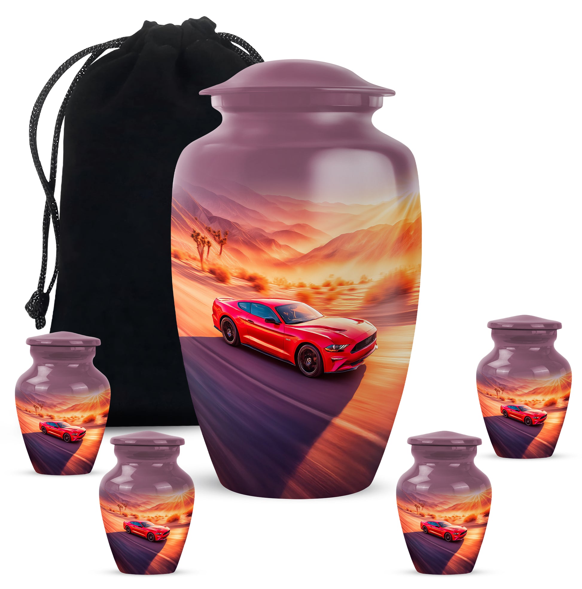 Salmon Pink Car Cremation Urn top-down view of secure threaded lid - traditional car engraving with hand-polished finish - memorial set with one large and four small urns