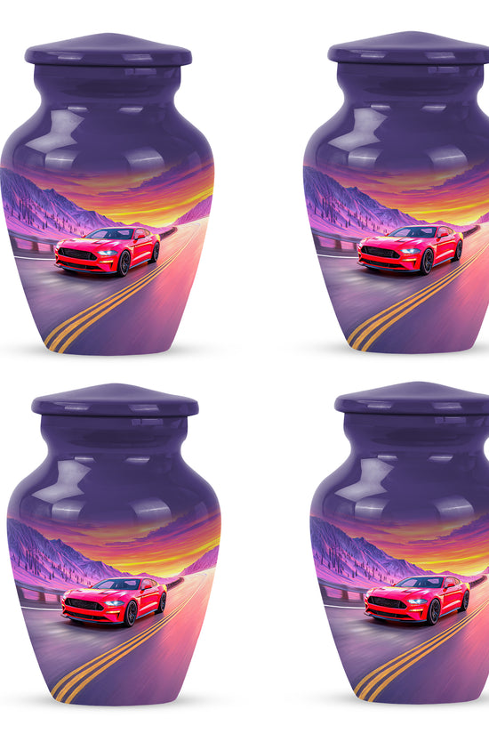 Misty Blue Car Cremation Urn side profile showing urn shape - classic sculpted car pattern on smooth aluminum - 10 inch aluminum urn for cremated remains