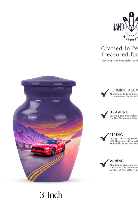 Twilight Blue Car Cremation Urn close-up of engraving and surface detail - traditional car engraving with hand-polished finish - mini keepsake memorial for portion of cremation ashes