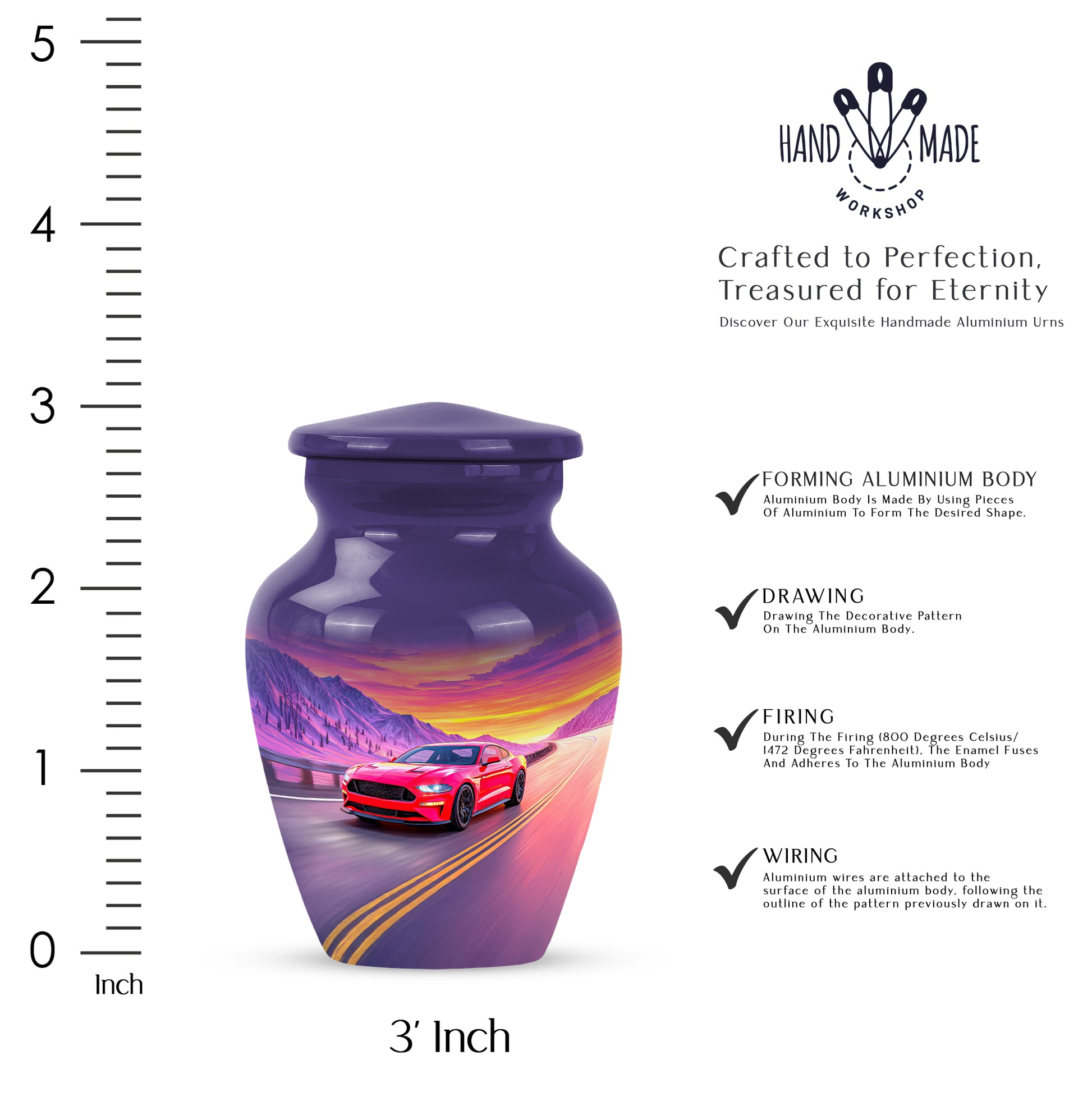 Twilight Blue Car Cremation Urn close-up of engraving and surface detail - traditional car engraving with hand-polished finish - mini keepsake memorial for portion of cremation ashes