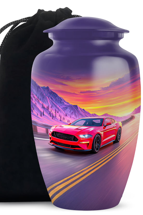 Vivid Blue Car Cremation Urn angled view of lid and engraved motif - elegant classic car relief with fine detailing - full-size 10 inch 200 cubic inch adult cremation urn