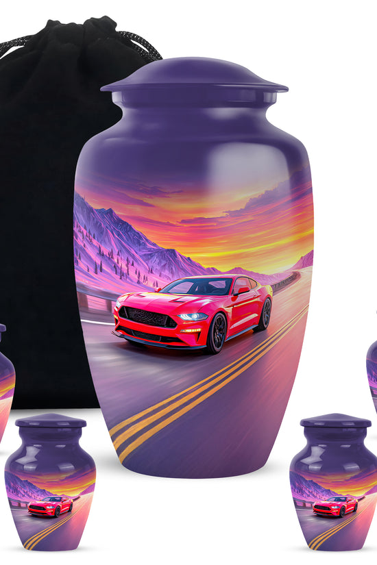 Icy Blue Car Cremation Urn top-down view of secure threaded lid - timeless car motif etched into premium metal - memorial set with one large and four small urns