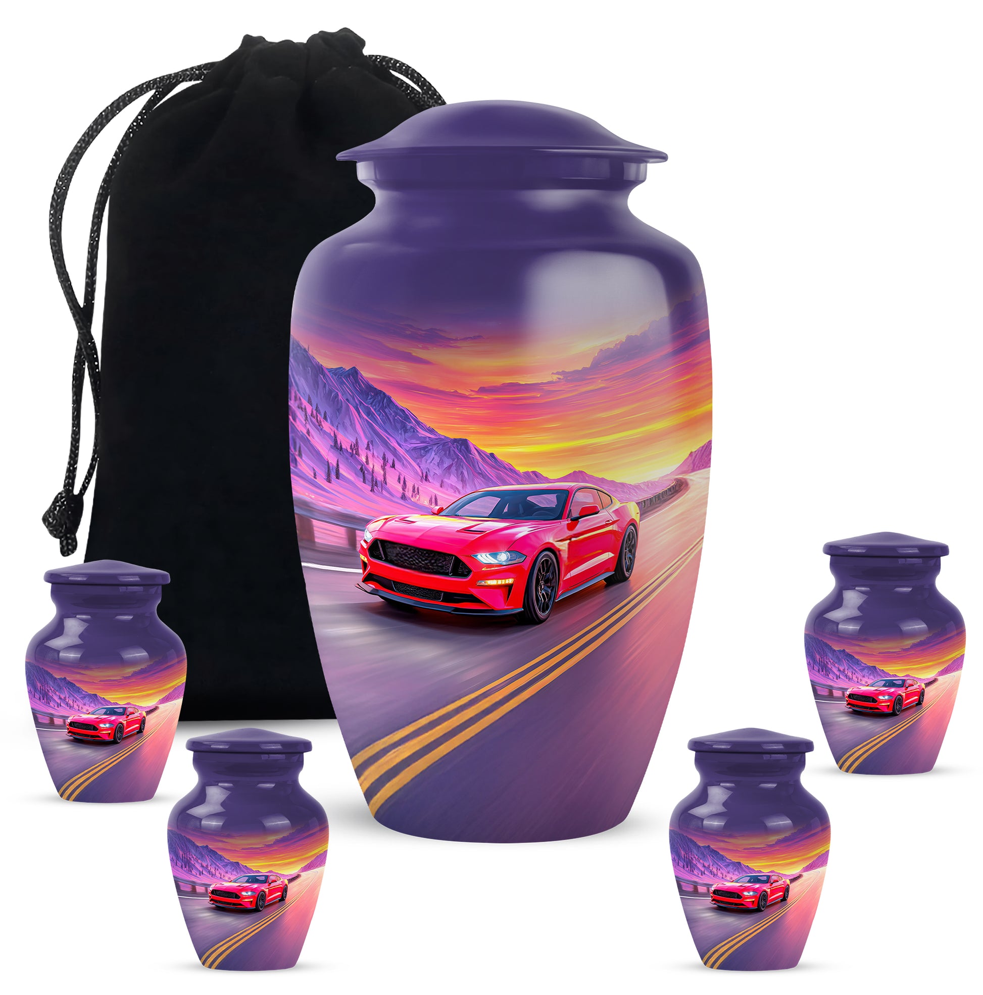 Icy Blue Car Cremation Urn top-down view of secure threaded lid - timeless car motif etched into premium metal - memorial set with one large and four small urns