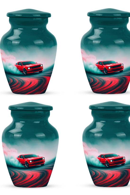 Tropical Teal Car Cremation Urn side profile showing urn shape - traditional car engraving with hand-polished finish - 10 inch aluminum urn for cremated remains