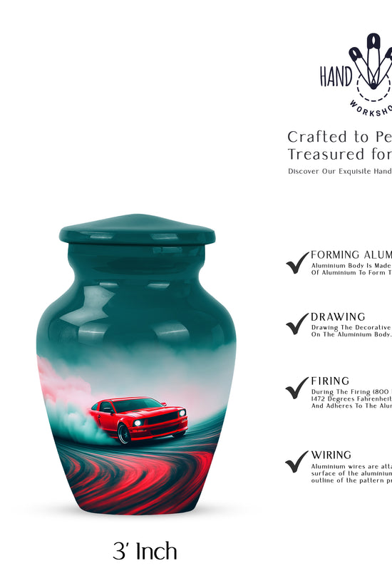 Deep Teal Car Cremation Urn close-up of engraving and surface detail - traditional car engraving with hand-polished finish - mini keepsake memorial for portion of cremation ashes