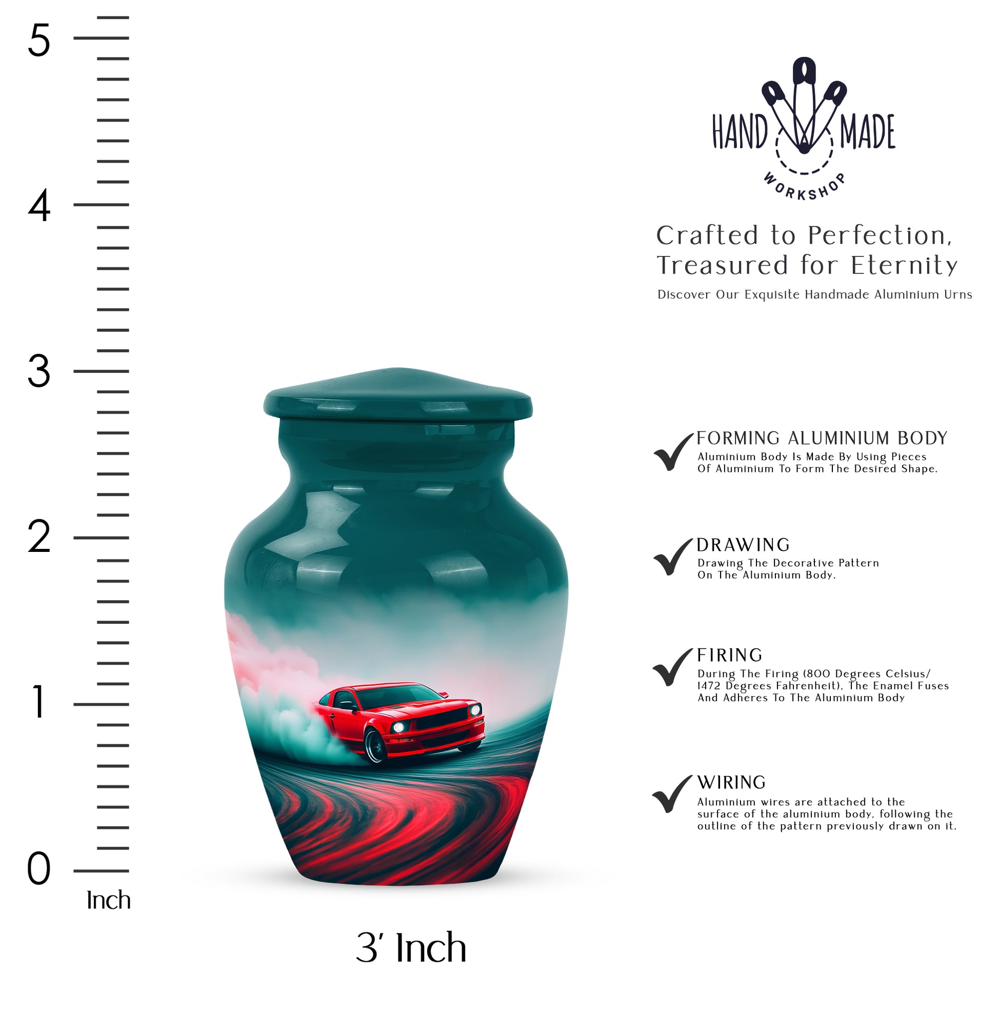 Deep Teal Car Cremation Urn close-up of engraving and surface detail - traditional car engraving with hand-polished finish - mini keepsake memorial for portion of cremation ashes