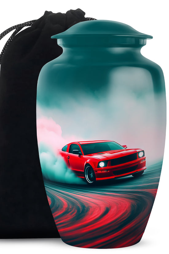 Deep Teal Car Cremation Urn angled view of lid and engraved motif - traditional car engraving with hand-polished finish - full-size 10 inch 200 cubic inch adult cremation urn