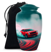 Deep Teal Car Cremation Urn angled view of lid and engraved motif - traditional car engraving with hand-polished finish - full-size 10 inch 200 cubic inch adult cremation urn