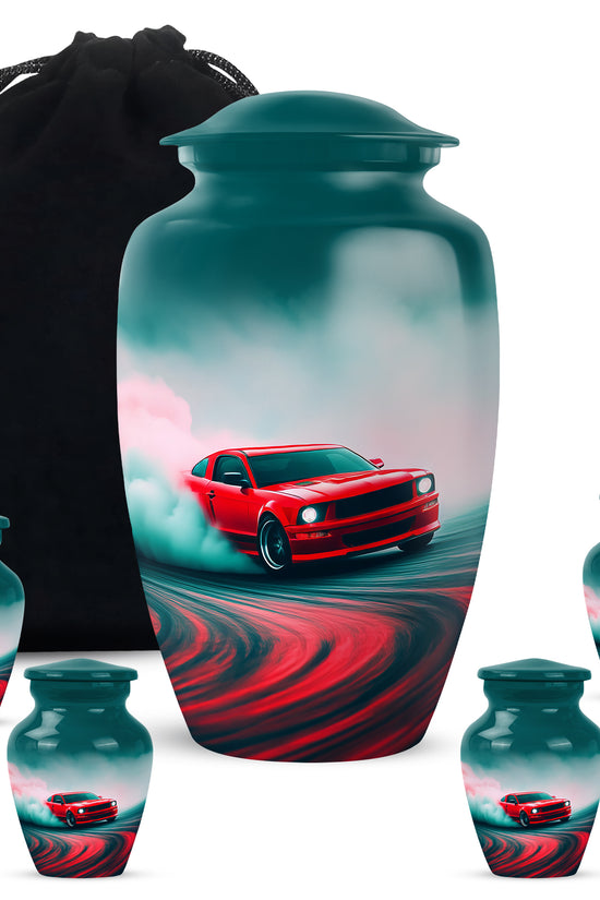 Tropical Teal Car Cremation Urn top-down view of secure threaded lid - traditional car engraving with hand-polished finish - memorial set with one large and four small urns