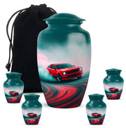 Tropical Teal Car Cremation Urn top-down view of secure threaded lid - traditional car engraving with hand-polished finish - memorial set with one large and four small urns