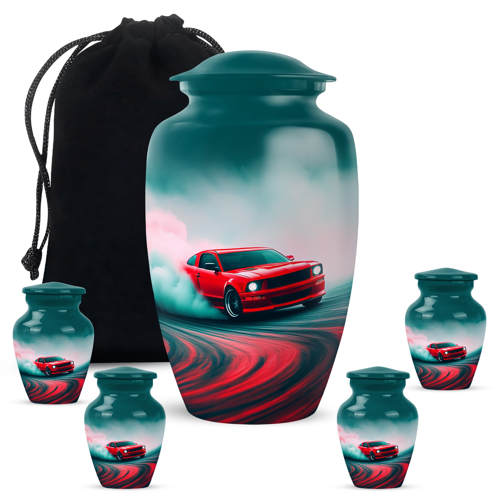 Tropical Teal Car Cremation Urn top-down view of secure threaded lid - traditional car engraving with hand-polished finish - memorial set with one large and four small urns