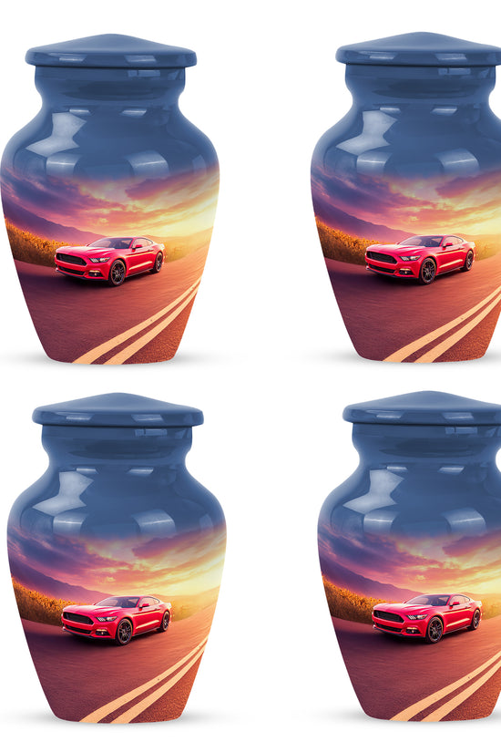 Cornflower Blue Car Cremation Urn side profile showing urn shape - traditional car engraving with hand-polished finish - 10 inch aluminum urn for cremated remains