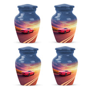 Cornflower Blue Car Cremation Urn side profile showing urn shape - traditional car engraving with hand-polished finish - 10 inch aluminum urn for cremated remains