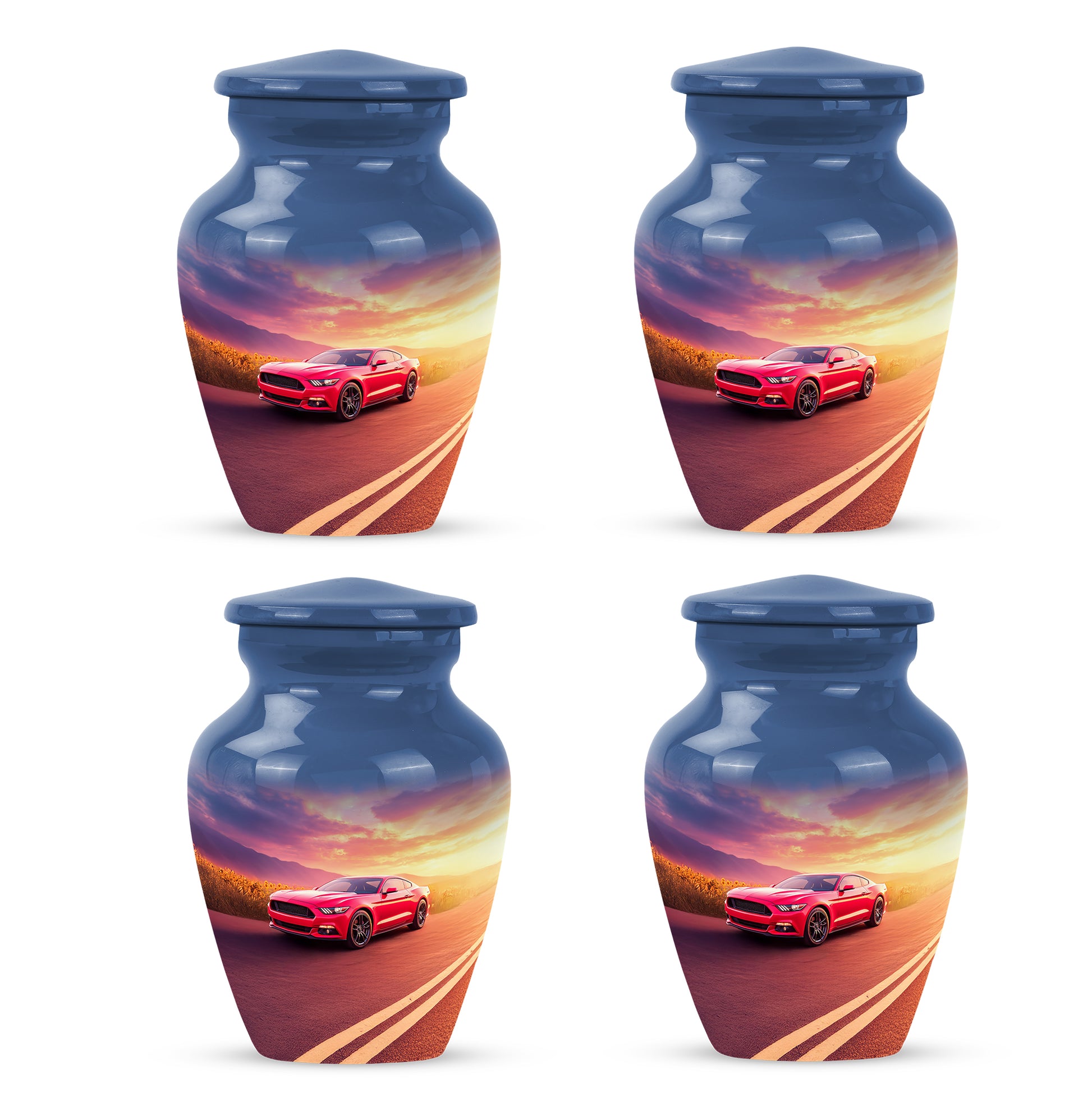 Cornflower Blue Car Cremation Urn side profile showing urn shape - traditional car engraving with hand-polished finish - 10 inch aluminum urn for cremated remains