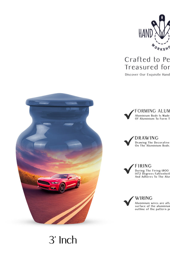 Navy Blue Car Cremation Urn close-up of engraving and surface detail - timeless car motif etched into premium metal - mini keepsake memorial for portion of cremation ashes