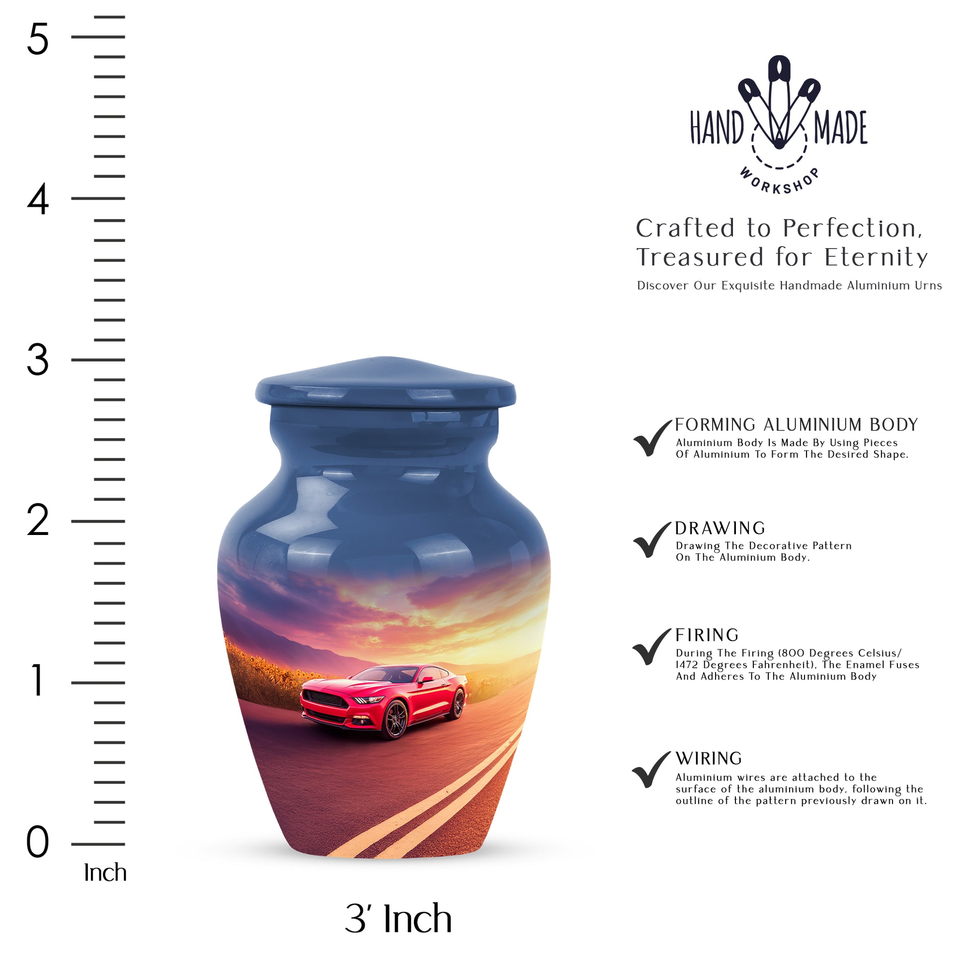 Navy Blue Car Cremation Urn close-up of engraving and surface detail - timeless car motif etched into premium metal - mini keepsake memorial for portion of cremation ashes