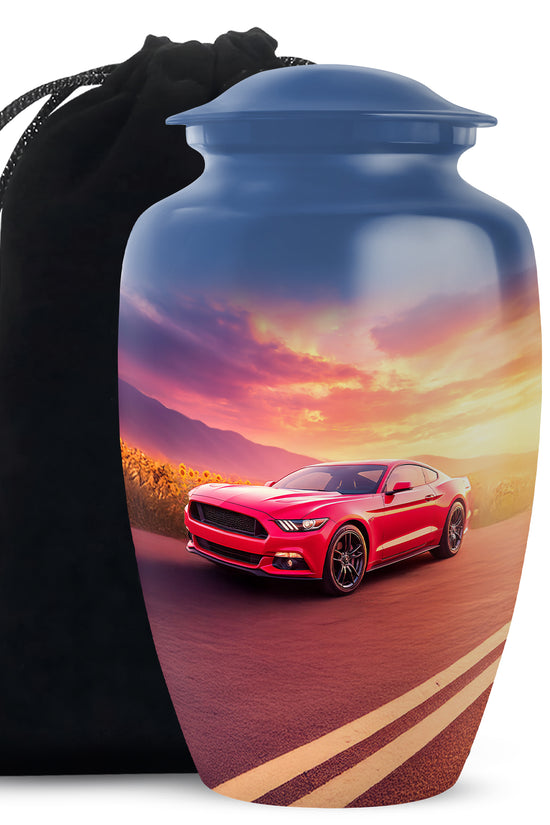 Twilight Blue Car Cremation Urn angled view of lid and engraved motif - traditional car engraving with hand-polished finish - full-size 10 inch 200 cubic inch adult cremation urn