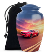 Twilight Blue Car Cremation Urn angled view of lid and engraved motif - traditional car engraving with hand-polished finish - full-size 10 inch 200 cubic inch adult cremation urn