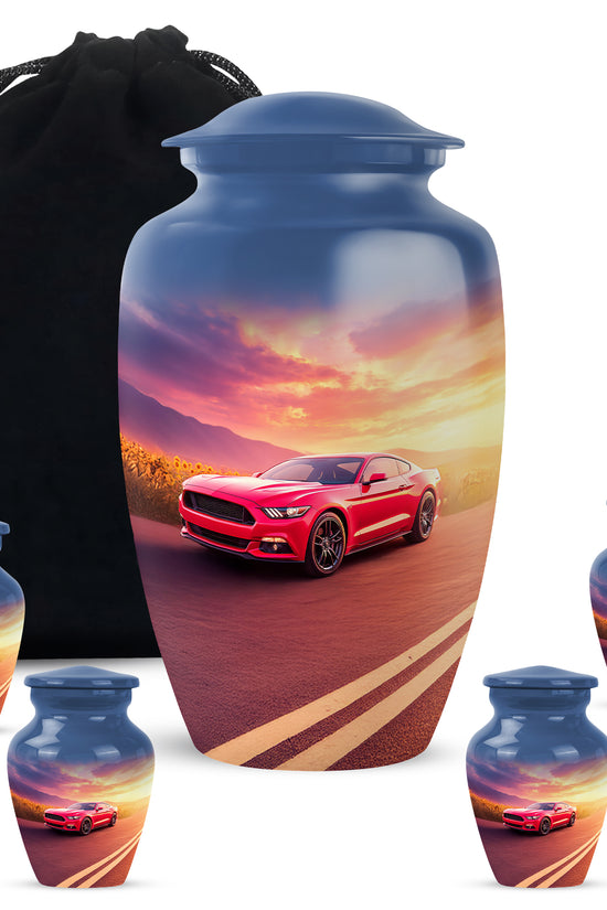 Navy Blue Car Cremation Urn top-down view of secure threaded lid - classic sculpted car pattern on smooth aluminum - memorial set with one large and four small urns