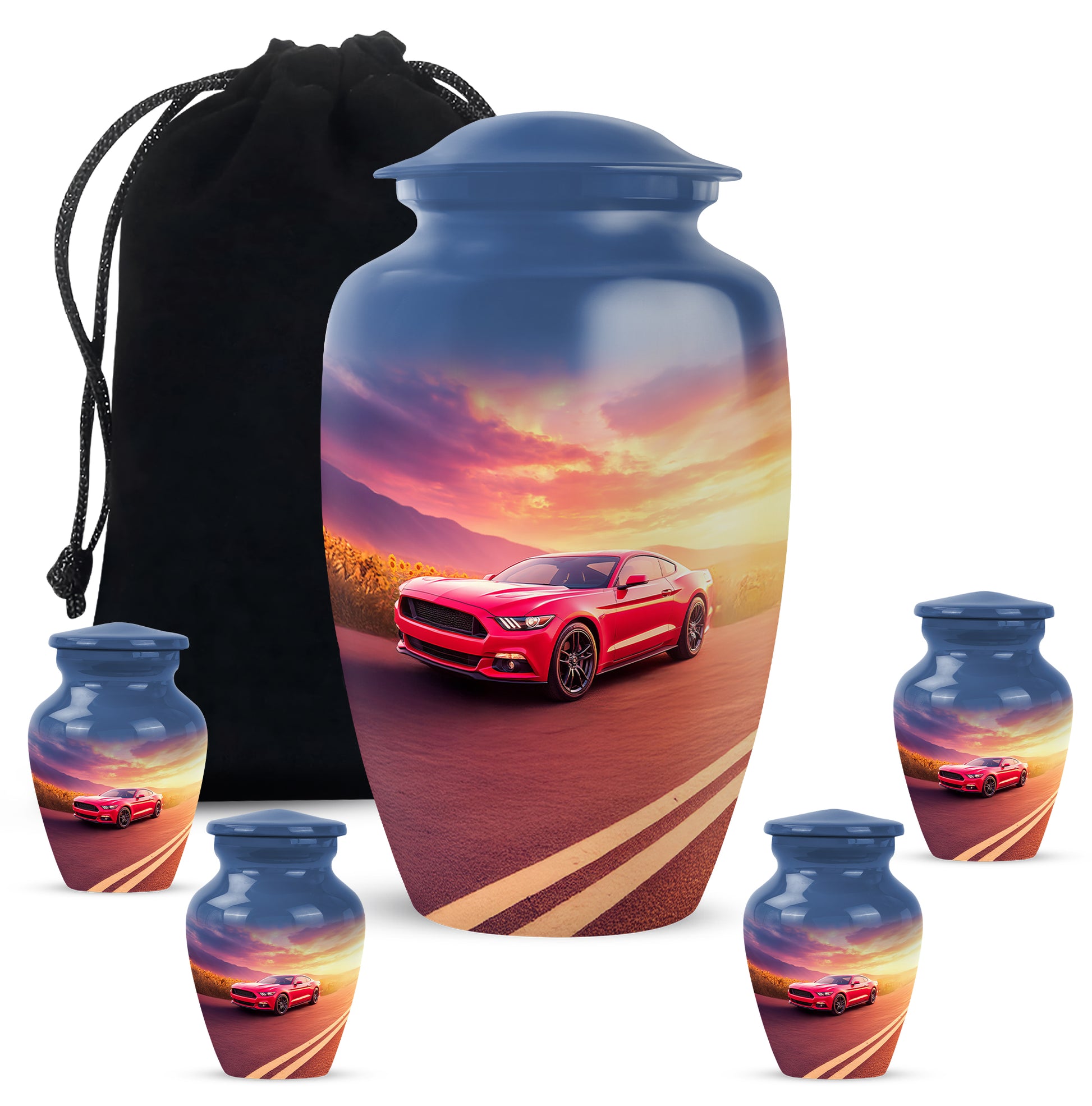 Navy Blue Car Cremation Urn top-down view of secure threaded lid - classic sculpted car pattern on smooth aluminum - memorial set with one large and four small urns
