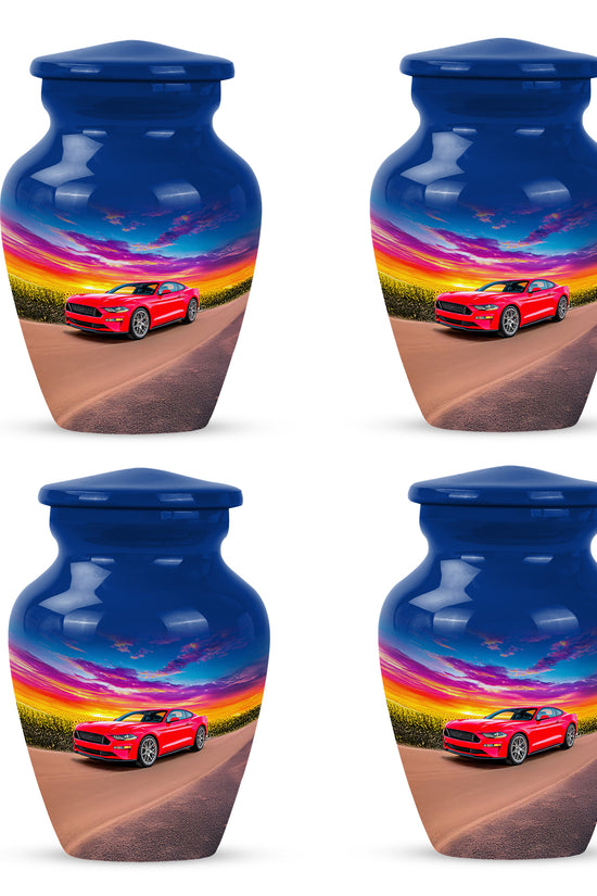 Navy Blue Car Cremation Urn side profile showing urn shape - classic sculpted car pattern on smooth aluminum - 10 inch aluminum urn for cremated remains