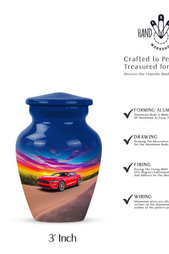 Icy Blue Car Cremation Urn close-up of engraving and surface detail - classic sculpted car pattern on smooth aluminum - mini keepsake memorial for portion of cremation ashes