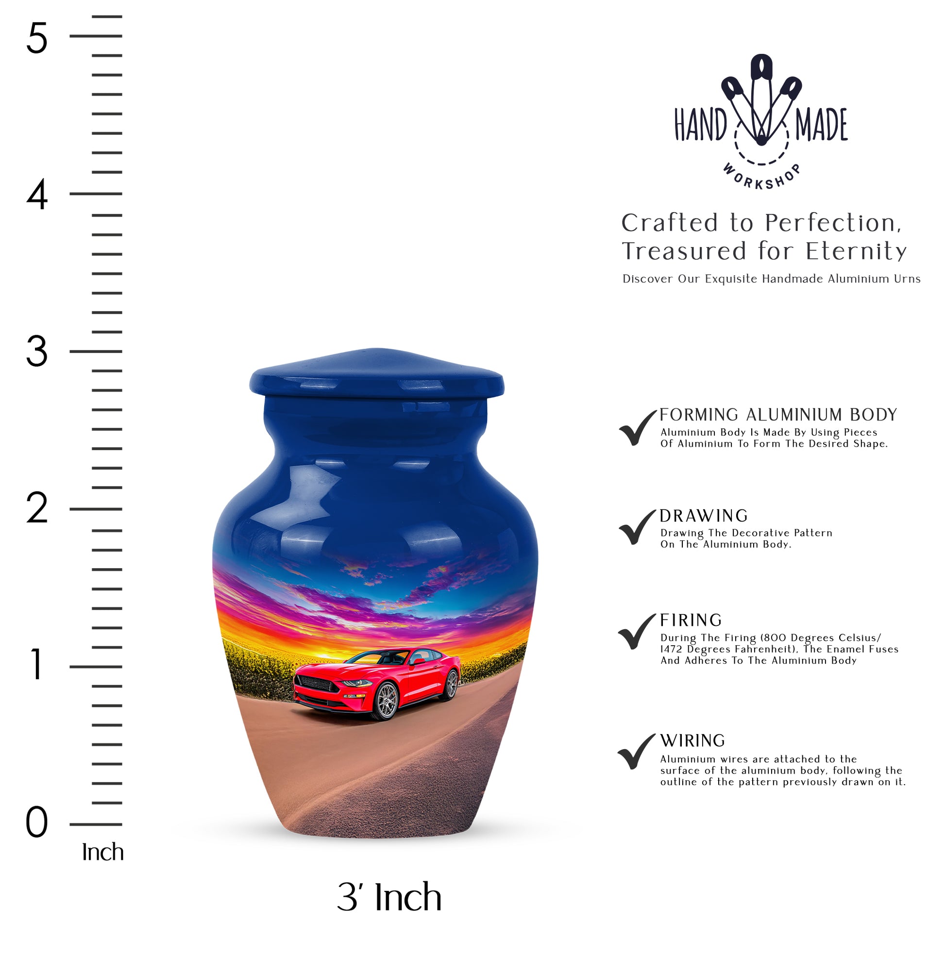 Icy Blue Car Cremation Urn close-up of engraving and surface detail - classic sculpted car pattern on smooth aluminum - mini keepsake memorial for portion of cremation ashes