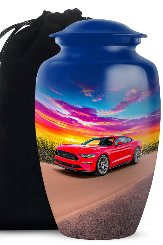 Celestial Blue Car Cremation Urn angled view of lid and engraved motif - classic sculpted car pattern on smooth aluminum - full-size 10 inch 200 cubic inch adult cremation urn