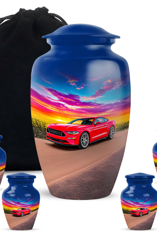 Celestial Blue Car Cremation Urn top-down view of secure threaded lid - classic sculpted car pattern on smooth aluminum - memorial set with one large and four small urns