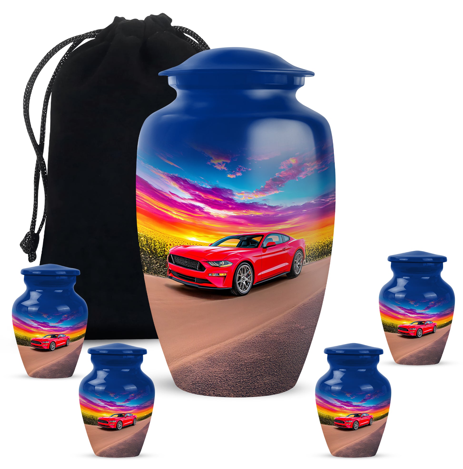 Celestial Blue Car Cremation Urn top-down view of secure threaded lid - classic sculpted car pattern on smooth aluminum - memorial set with one large and four small urns
