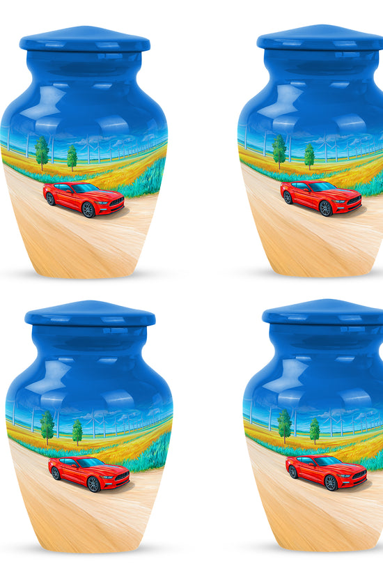 Sky Blue Car Cremation Urn side profile showing urn shape - timeless car motif etched into premium metal - 10 inch aluminum urn for cremated remains