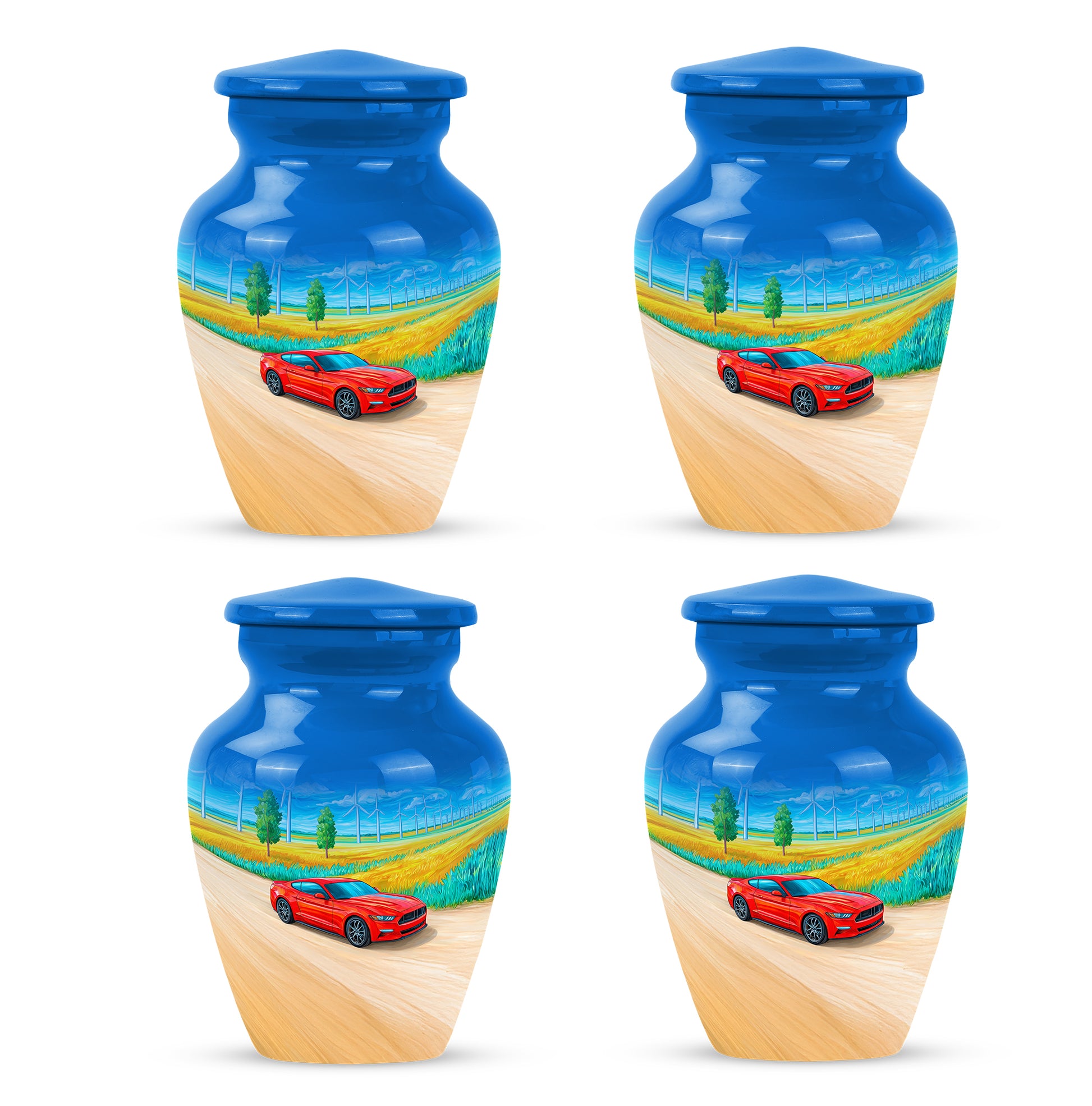 Sky Blue Car Cremation Urn side profile showing urn shape - timeless car motif etched into premium metal - 10 inch aluminum urn for cremated remains