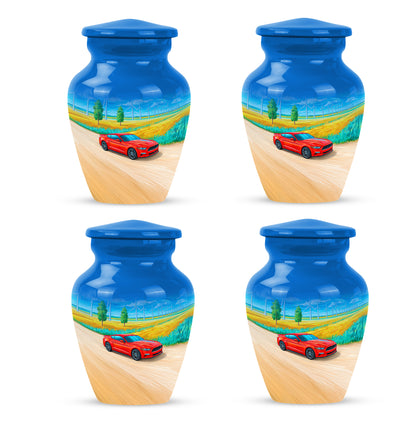 Sky Blue Car Cremation Urn side profile showing urn shape - timeless car motif etched into premium metal - 10 inch aluminum urn for cremated remains