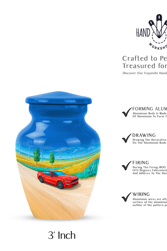 Cornflower Blue Car Cremation Urn close-up of engraving and surface detail - elegant classic car relief with fine detailing - mini keepsake memorial for portion of cremation ashes