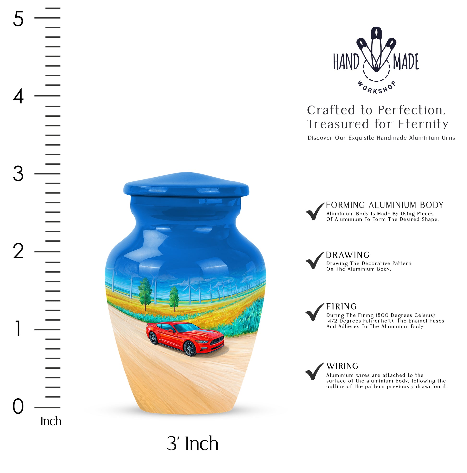 Cornflower Blue Car Cremation Urn close-up of engraving and surface detail - elegant classic car relief with fine detailing - mini keepsake memorial for portion of cremation ashes