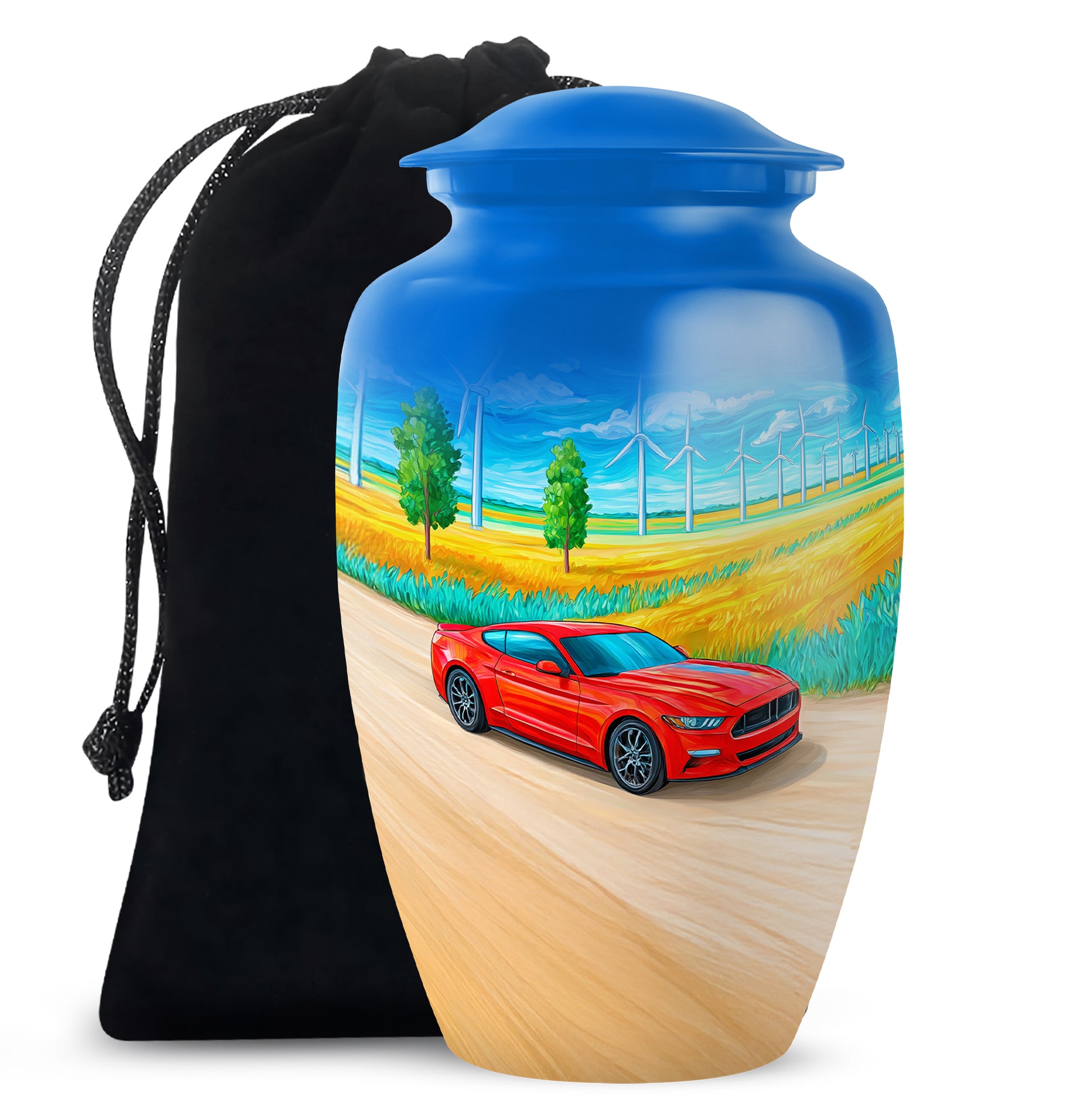 Powder Blue Car Cremation Urn angled view of lid and engraved motif - timeless car motif etched into premium metal - full-size 10 inch 200 cubic inch adult cremation urn