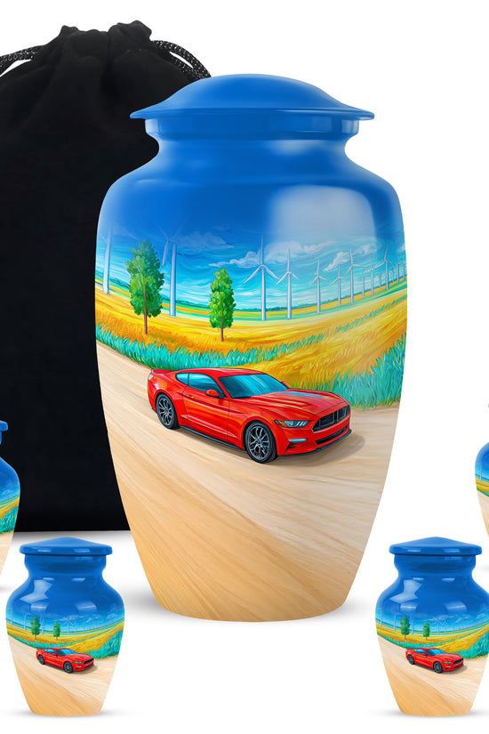 Calming Blue Car Cremation Urn top-down view of secure threaded lid - elegant classic car relief with fine detailing - memorial set with one large and four small urns