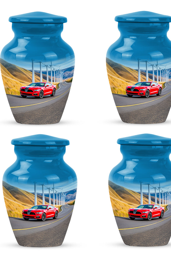 Sky Blue Car Cremation Urn side profile showing urn shape - timeless car motif etched into premium metal - 10 inch aluminum urn for cremated remains