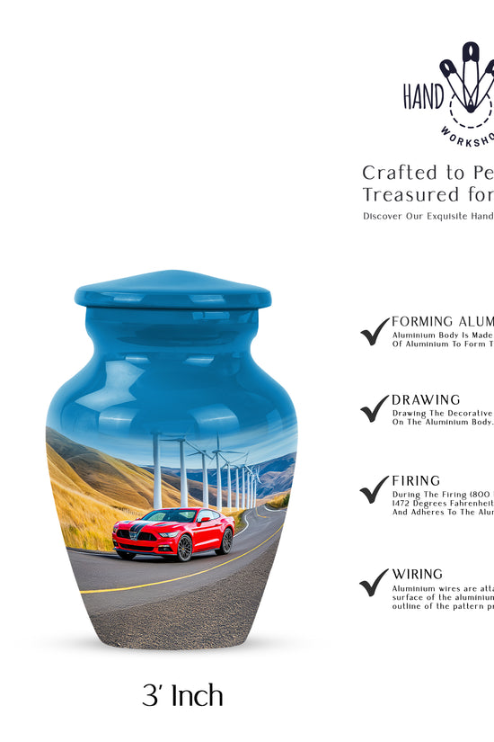 Slate Blue Car Cremation Urn close-up of engraving and surface detail - timeless car motif etched into premium metal - mini keepsake memorial for portion of cremation ashes