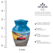 Slate Blue Car Cremation Urn close-up of engraving and surface detail - timeless car motif etched into premium metal - mini keepsake memorial for portion of cremation ashes